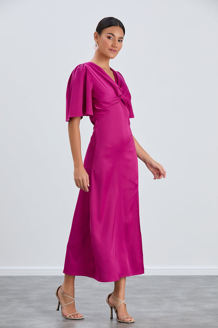 Angel Sleeve Twist Midi Dress with Slit in Fuchsia