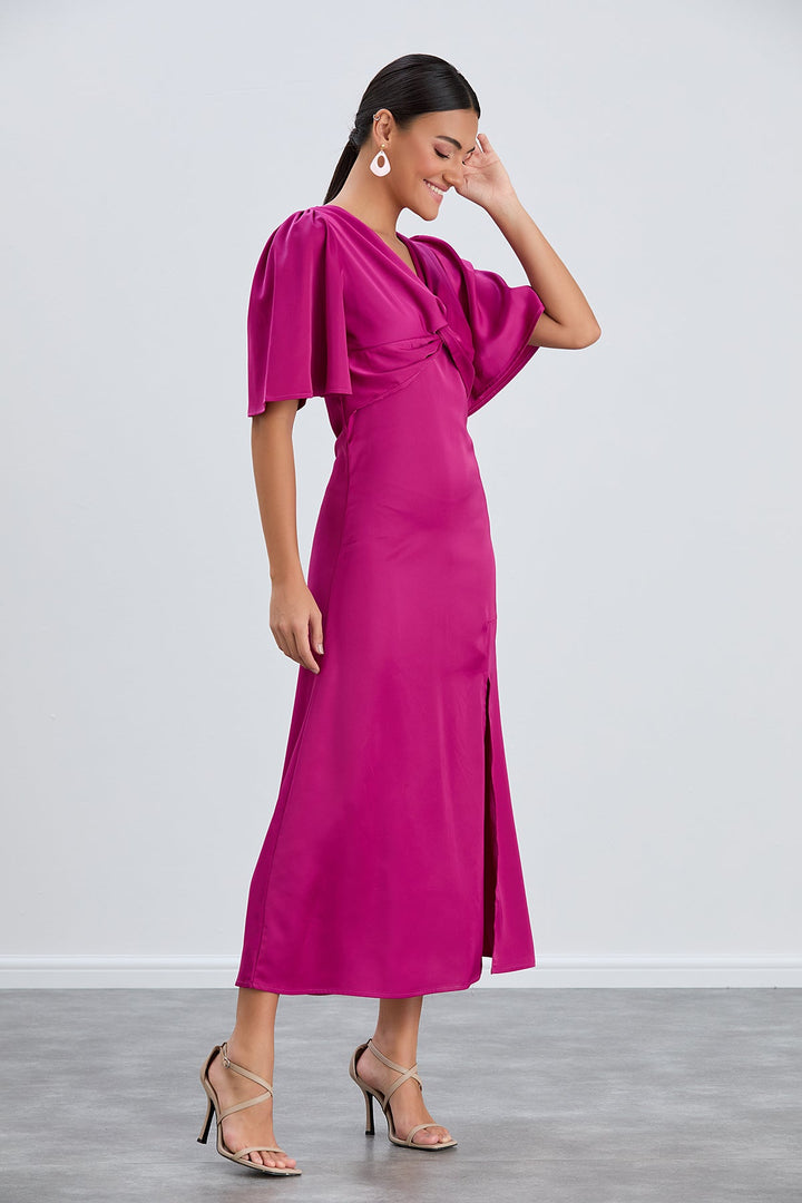 Angel Sleeve Twist Midi Dress with Slit in Fuchsia