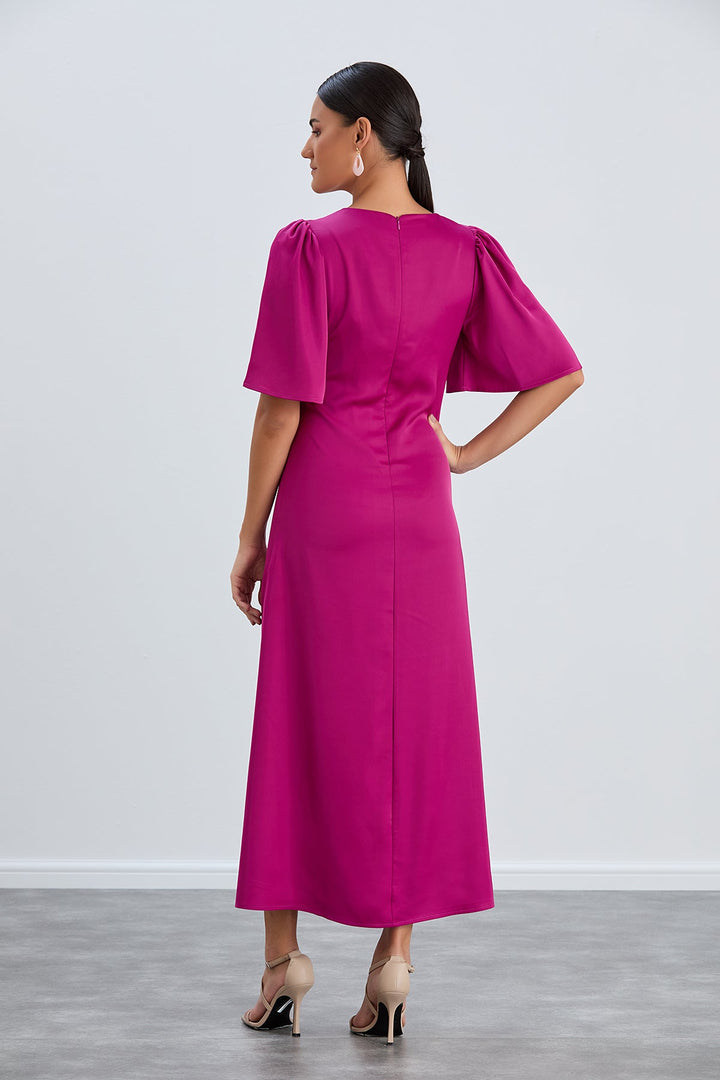 Angel Sleeve Twist Midi Dress with Slit in Fuchsia