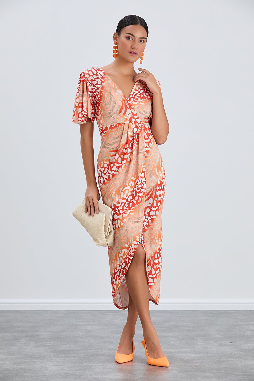 Angel Sleeve Wrap Style Midi Dress in Orange Animal print