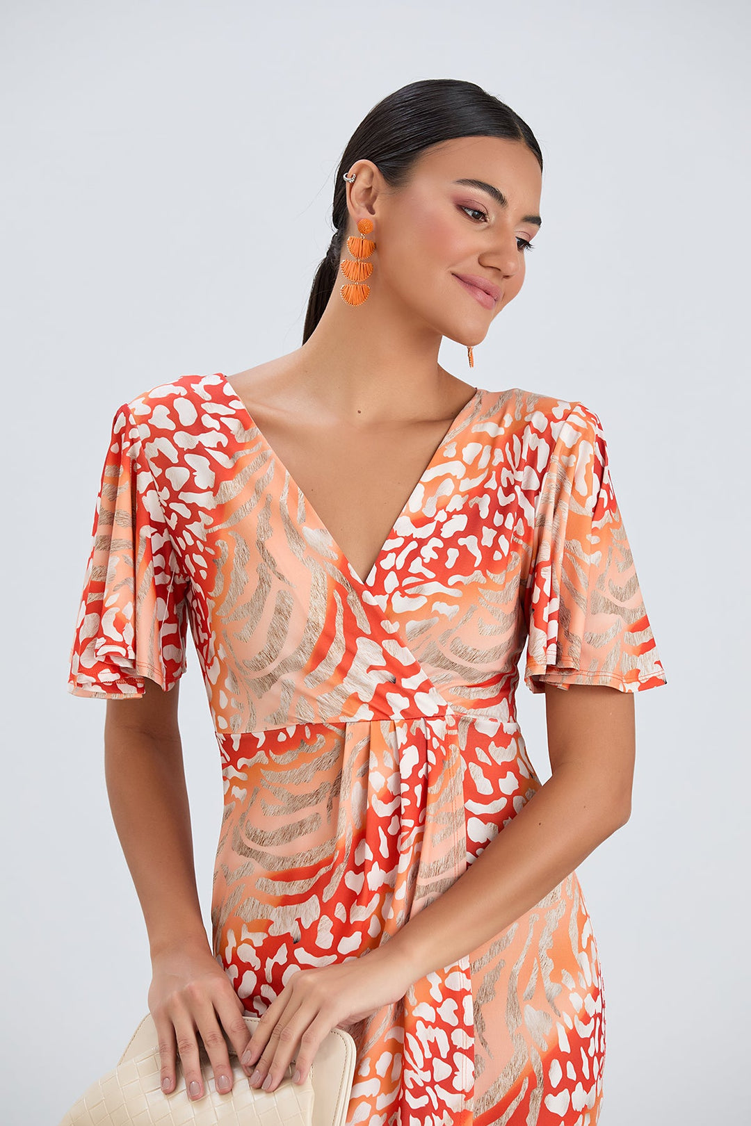 Angel Sleeve Wrap Style Midi Dress in Orange Animal print