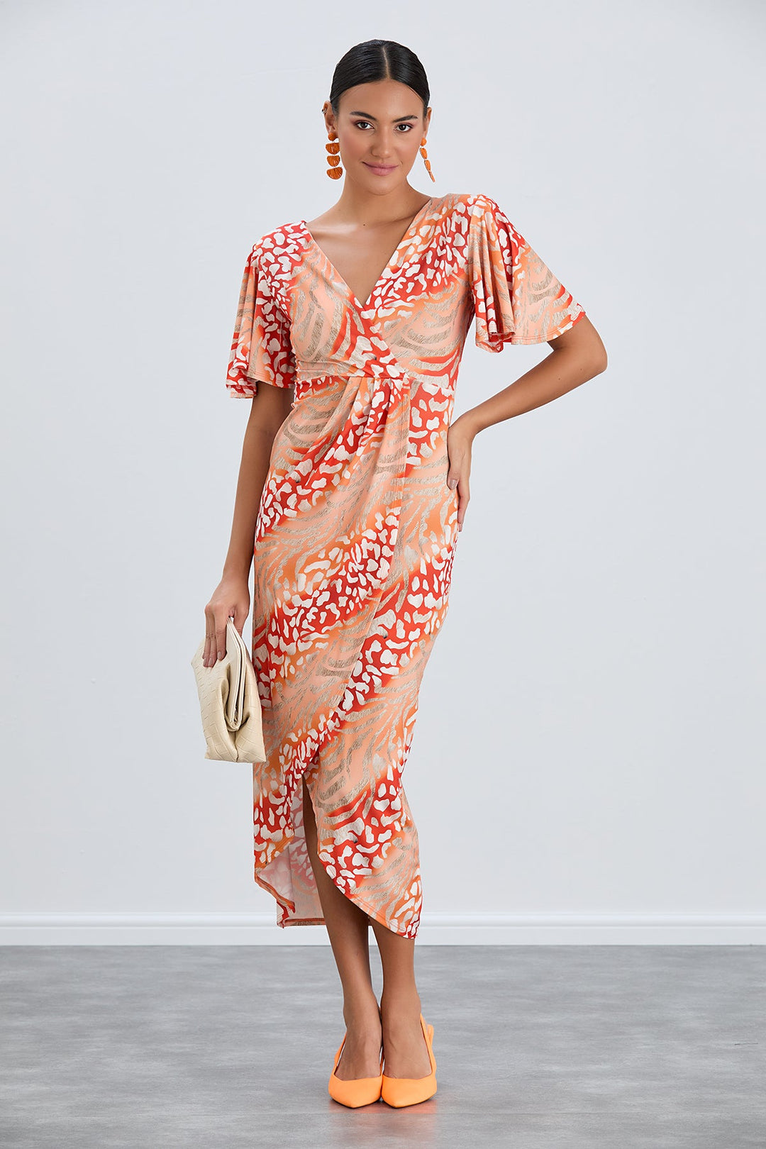 Angel Sleeve Wrap Style Midi Dress in Orange Animal print