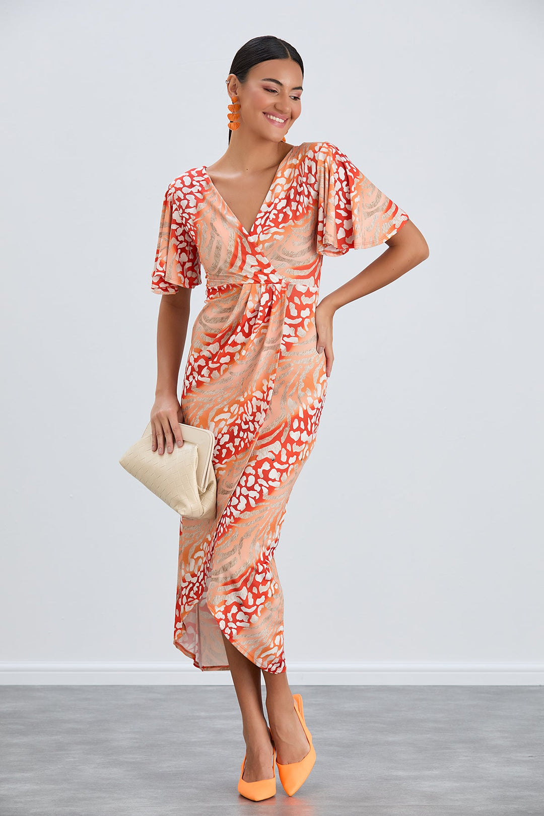 Angel Sleeve Wrap Style Midi Dress in Orange Animal print