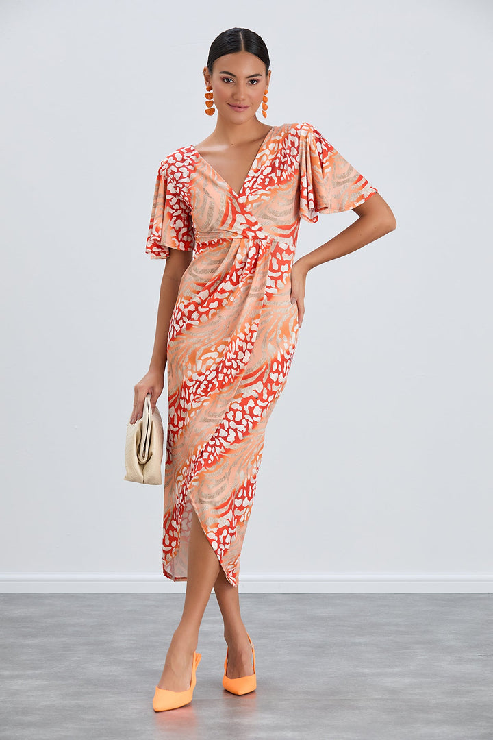 Angel Sleeve Wrap Style Midi Dress in Orange Animal print