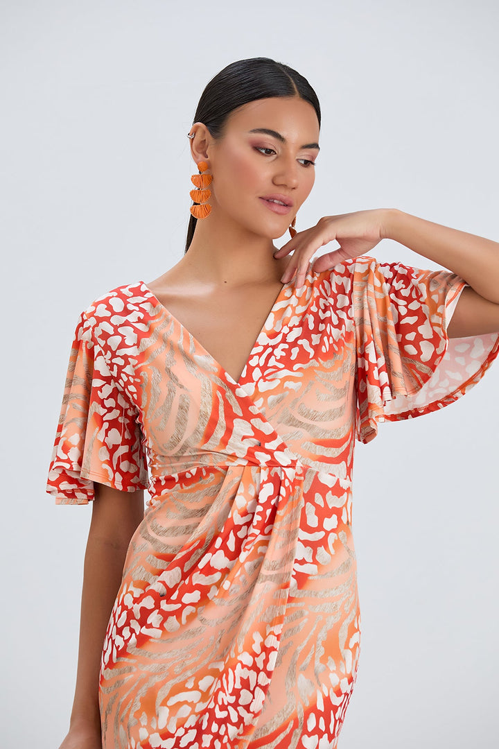 Angel Sleeve Wrap Style Midi Dress in Orange Animal print