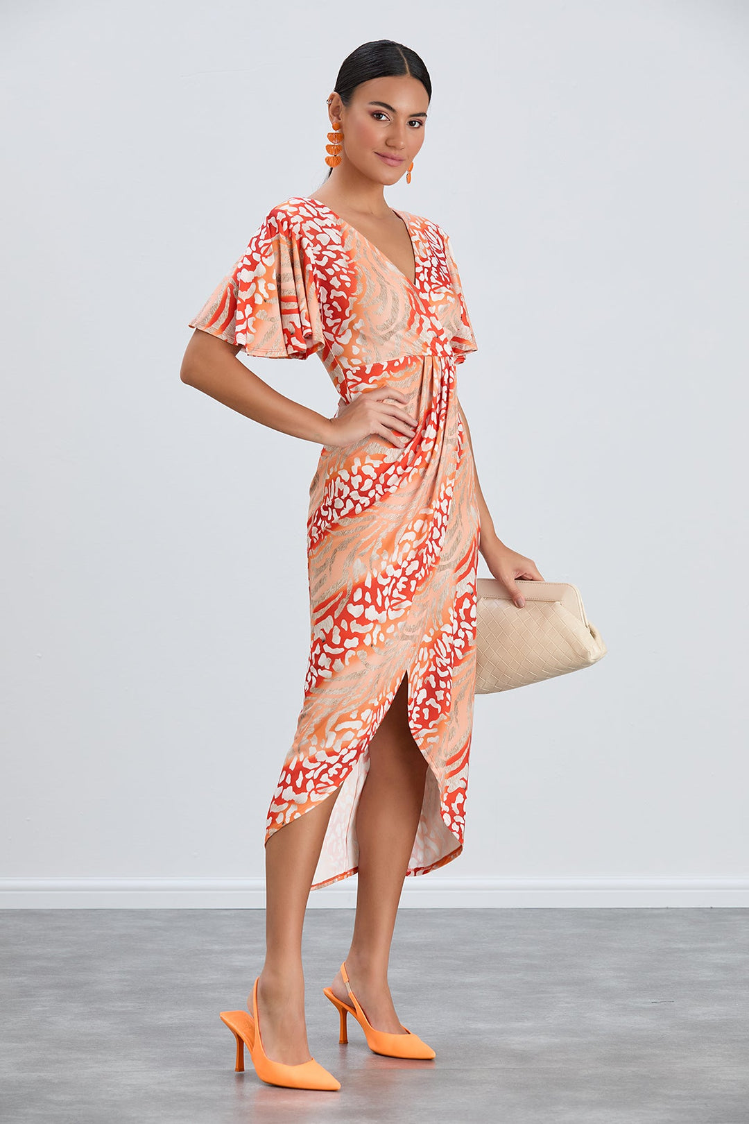 Angel Sleeve Wrap Style Midi Dress in Orange Animal print