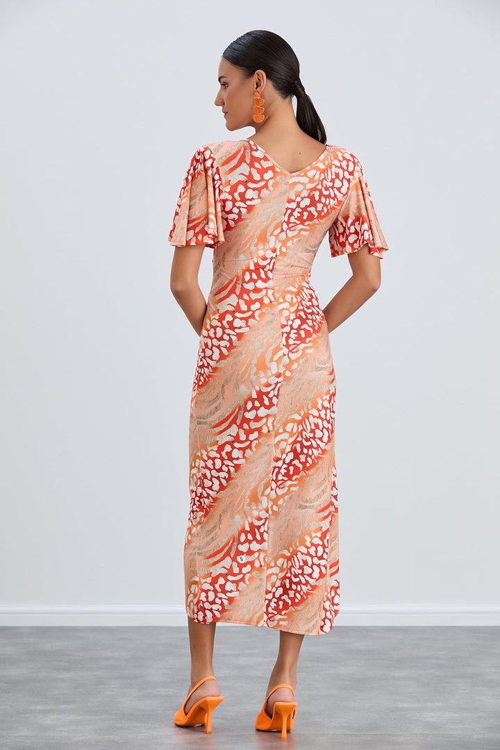 Angel Sleeve Wrap Style Midi Dress in Orange Animal print