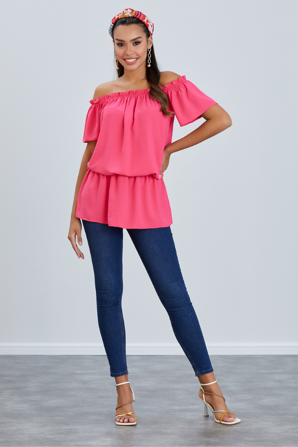 Off Shoulder Bardot Summer Top in Fuchsia - jqwholesale.com