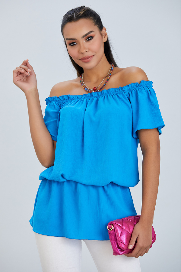 Off Shoulder Bardot Summer Top in Blue - jqwholesale.com