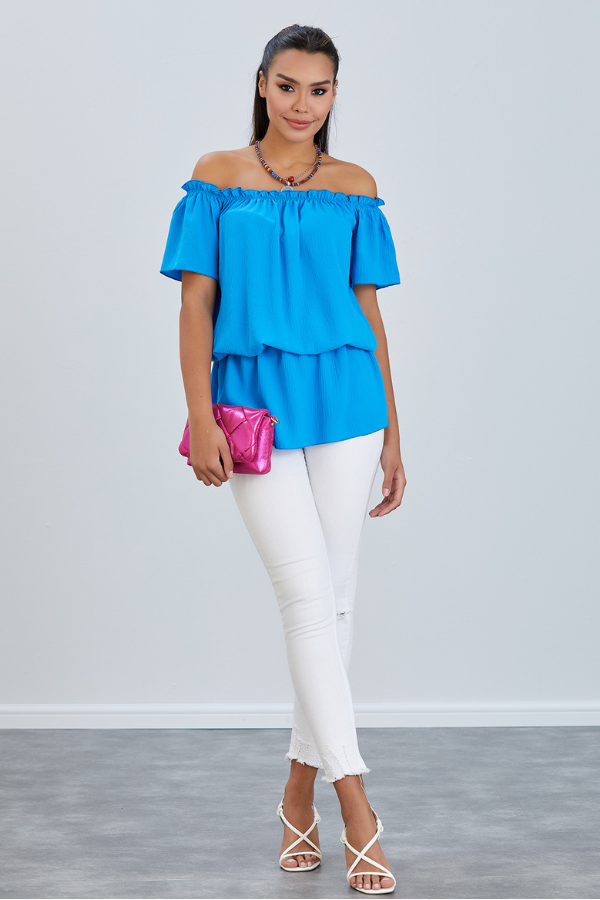 Off Shoulder Bardot Summer Top in Blue - jqwholesale.com