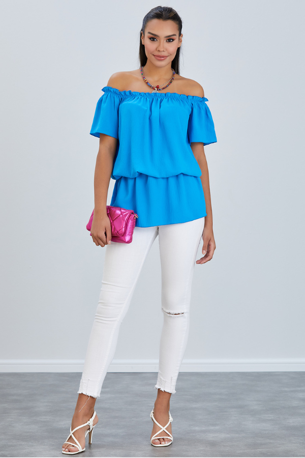 Off Shoulder Bardot Summer Top in Blue - jqwholesale.com