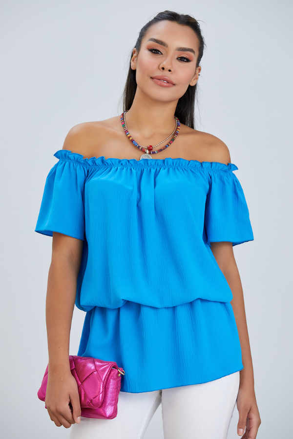 Off Shoulder Bardot Summer Top in Blue - jqwholesale.com