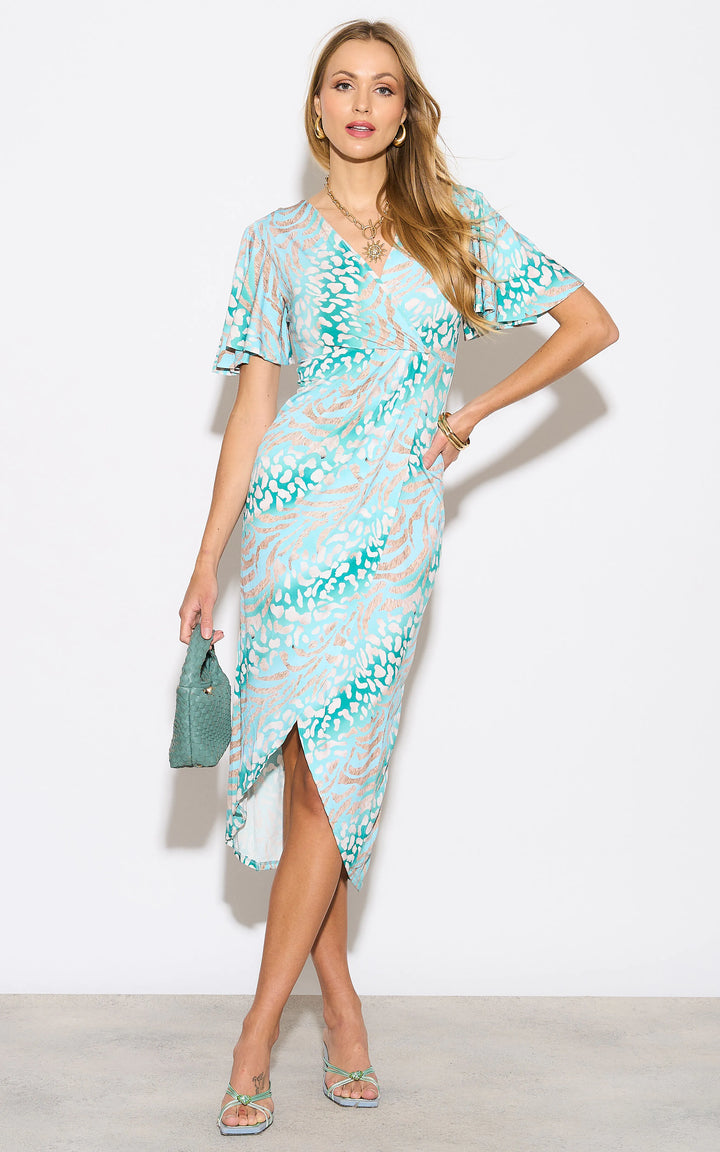 Angel Sleeve Wrap Style Midi Dress in Mint Animal print