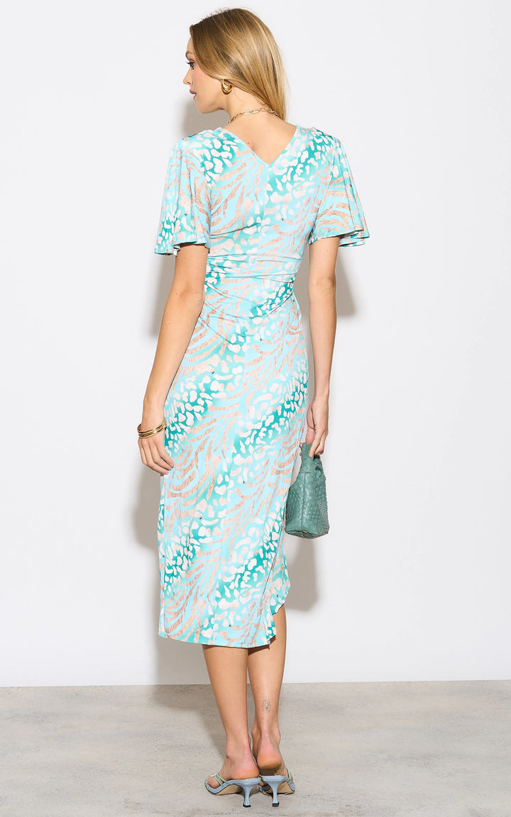 Angel Sleeve Wrap Style Midi Dress in Mint Animal print