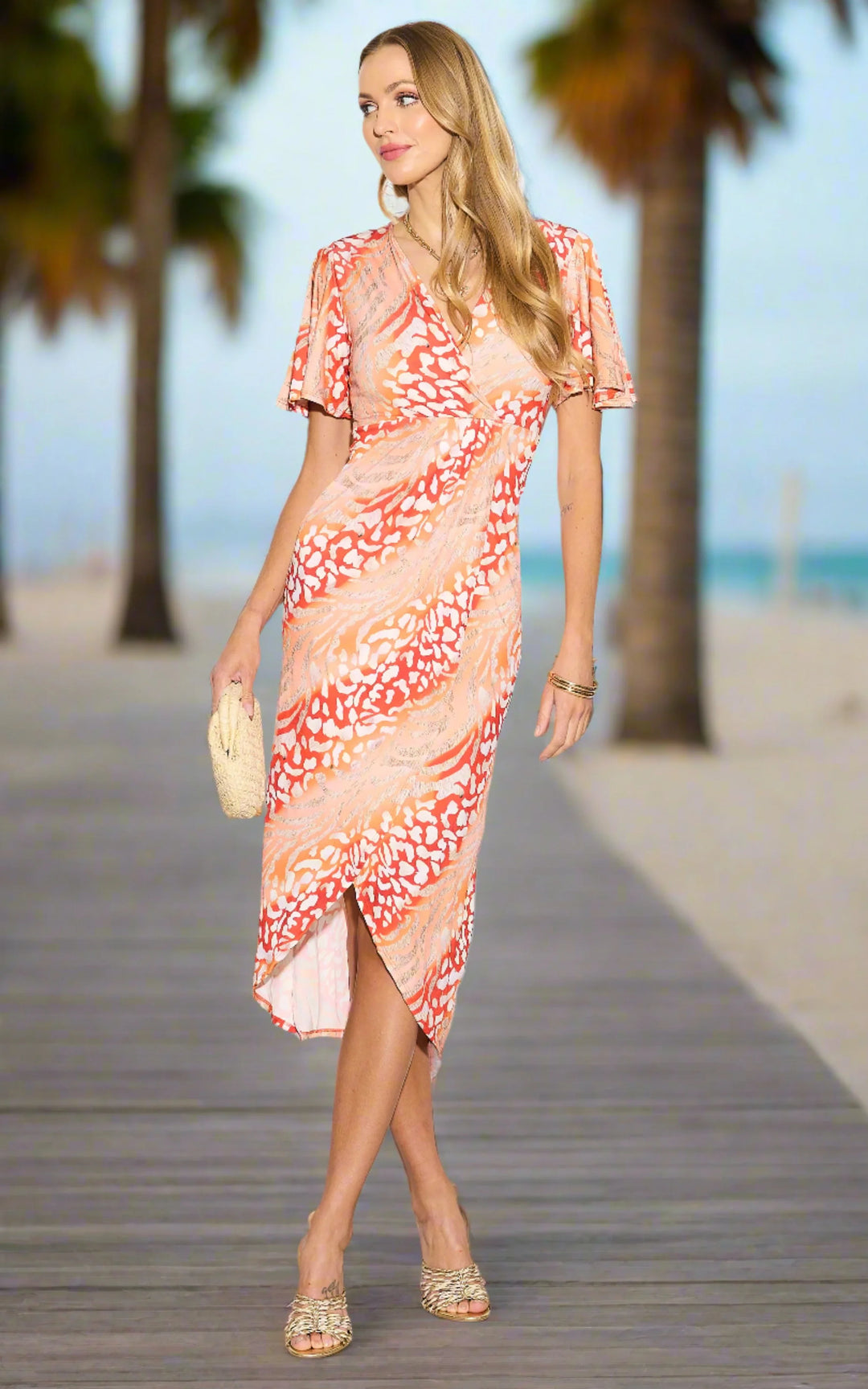 Angel Sleeve Wrap Style Midi Dress in Orange Animal print