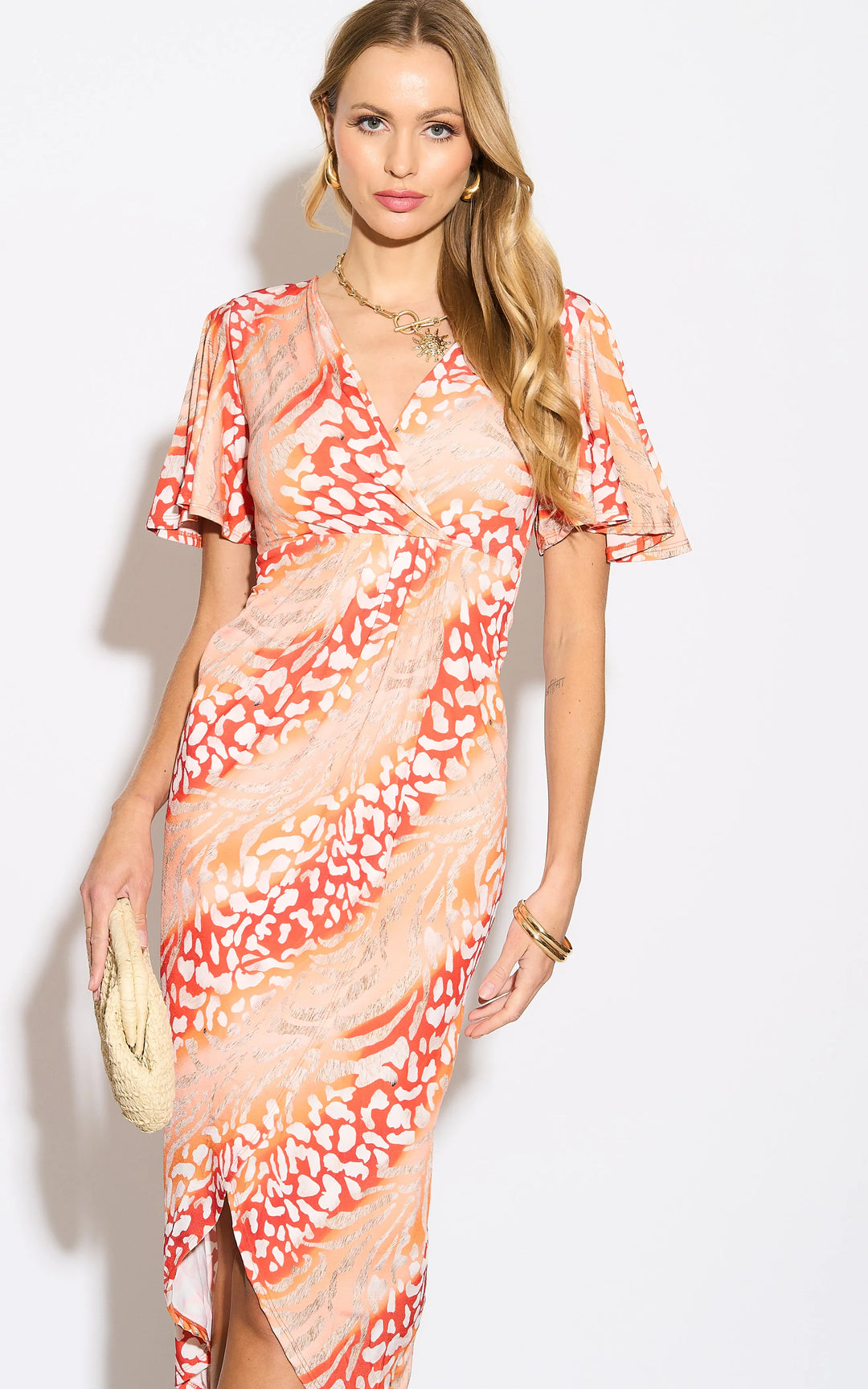 Angel Sleeve Wrap Style Midi Dress in Orange Animal print