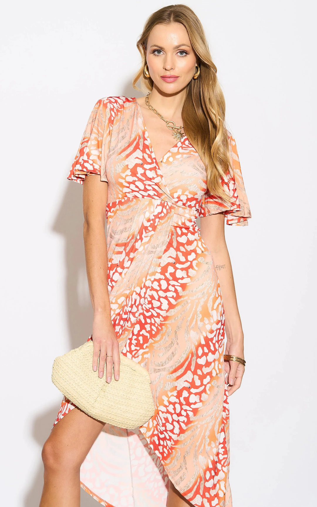 Angel Sleeve Wrap Style Midi Dress in Orange Animal print