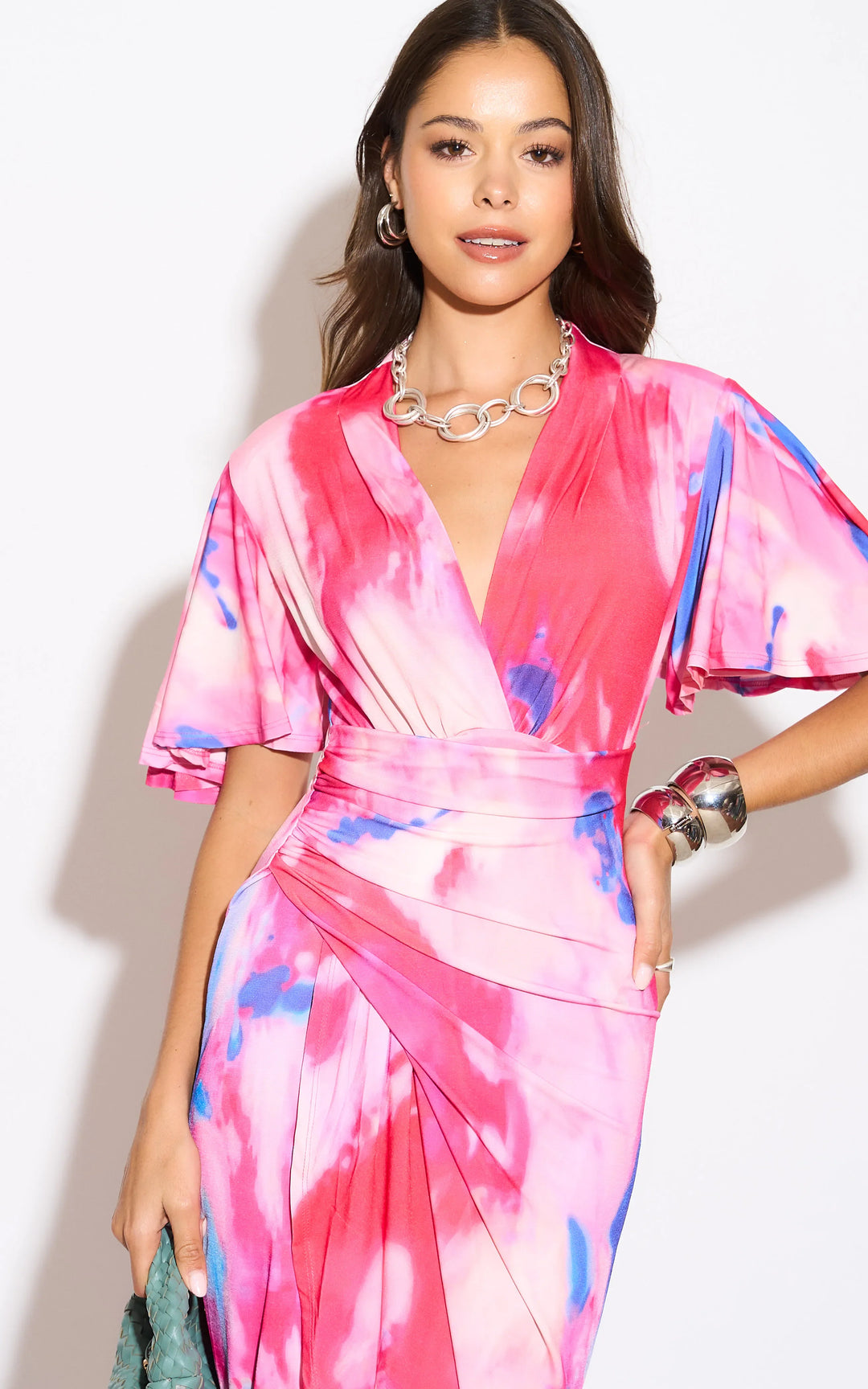 Forever Angel Sleeve Dress in Pink Abstract print