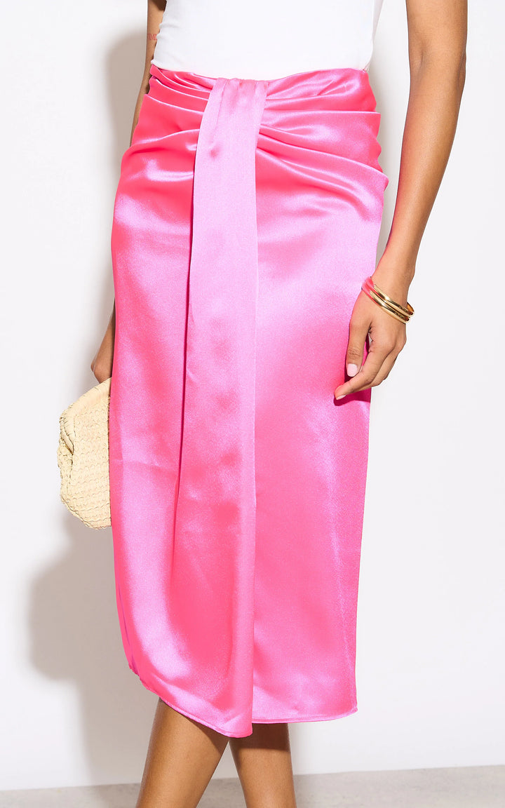 Satin Midi Skirt with Slit in Hot Pink