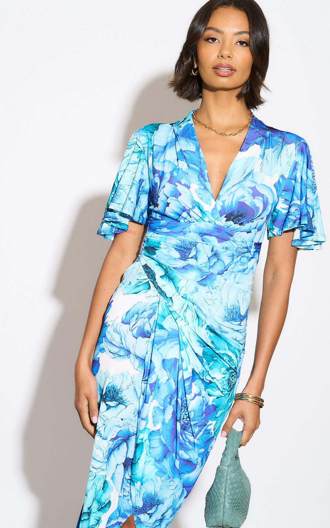 Forever Angel Sleeve Dress in Blue Floral print