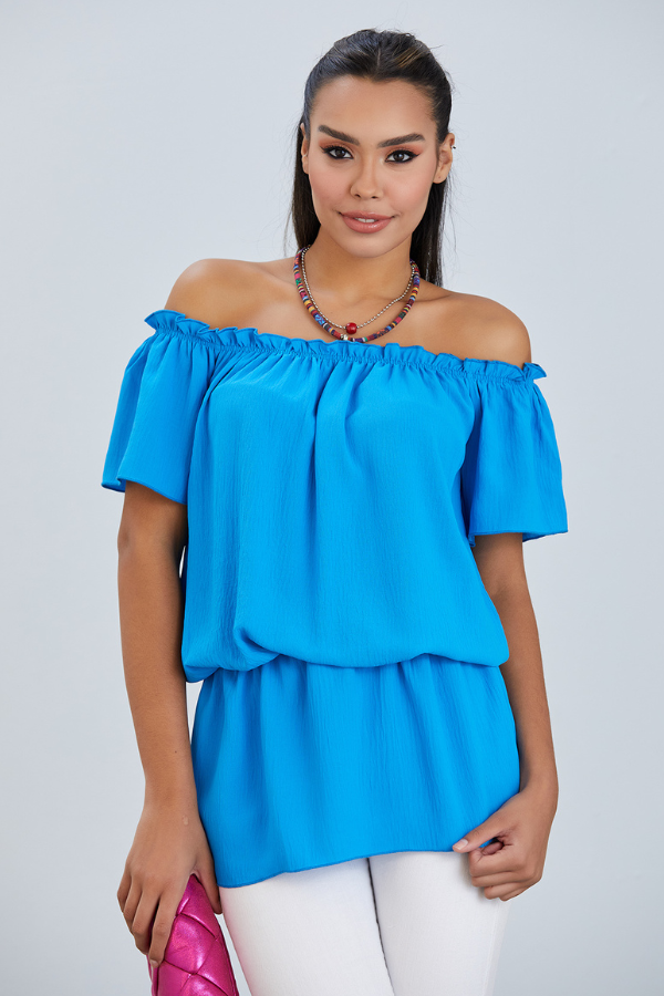 Off Shoulder Bardot Summer Top in Blue - jqwholesale.com