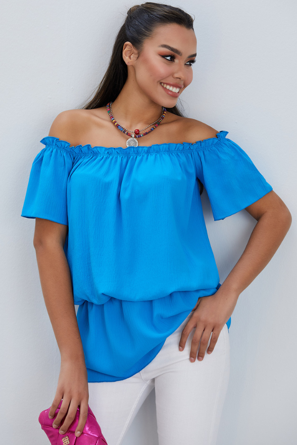 Off Shoulder Bardot Summer Top in Blue - jqwholesale.com