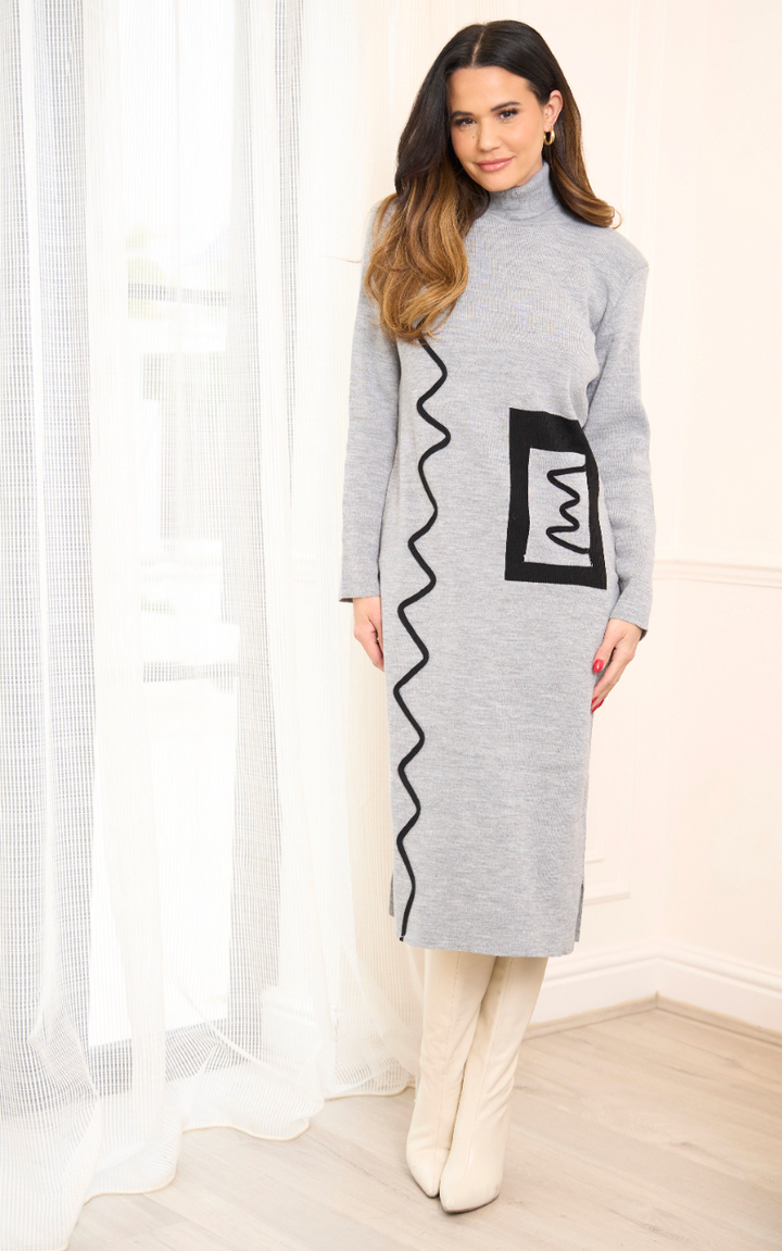 High Neck ZigZag Knitted Midi Dress in Grey