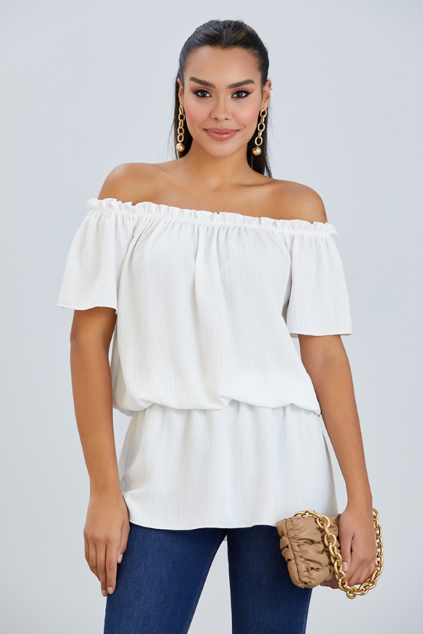 Off Shoulder Bardot Summer Top in Ecru - jqwholesale.com