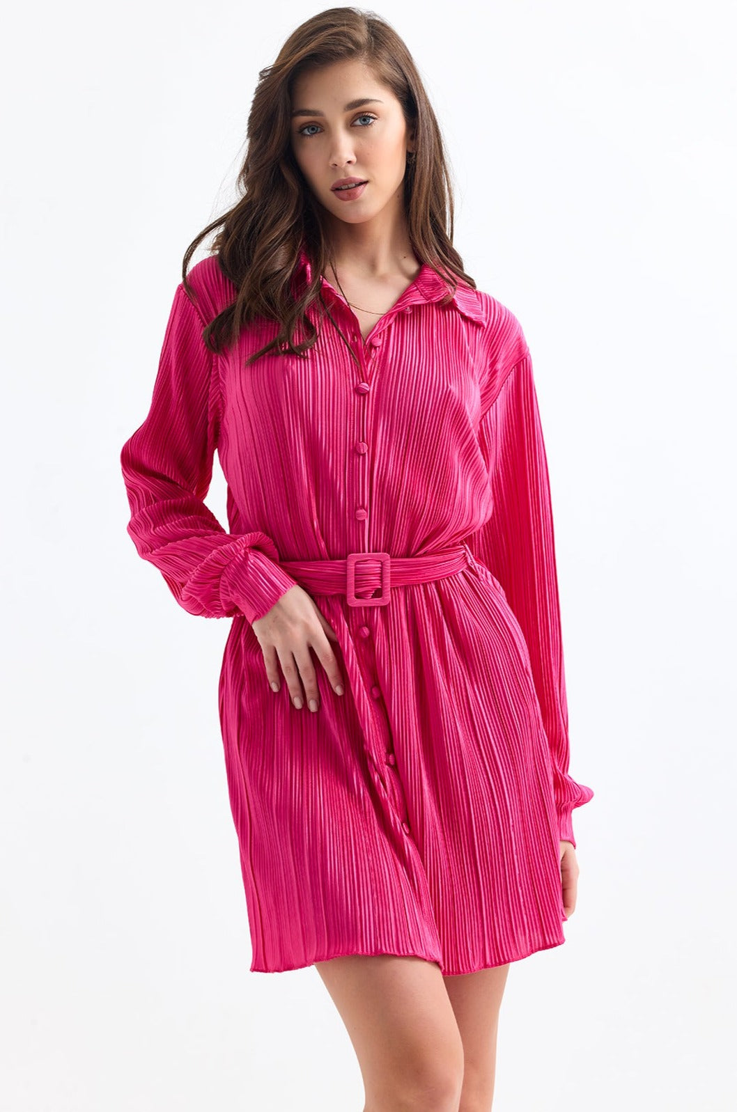 Long Sleeve Pleated Shirt Mini Dress in Fuchsia - jqwholesale.com