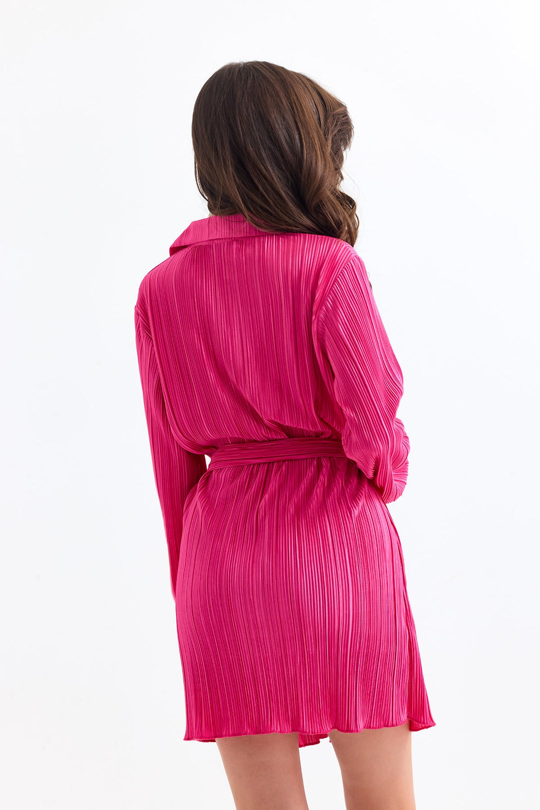 Long Sleeve Pleated Shirt Mini Dress in Fuchsia - jqwholesale.com