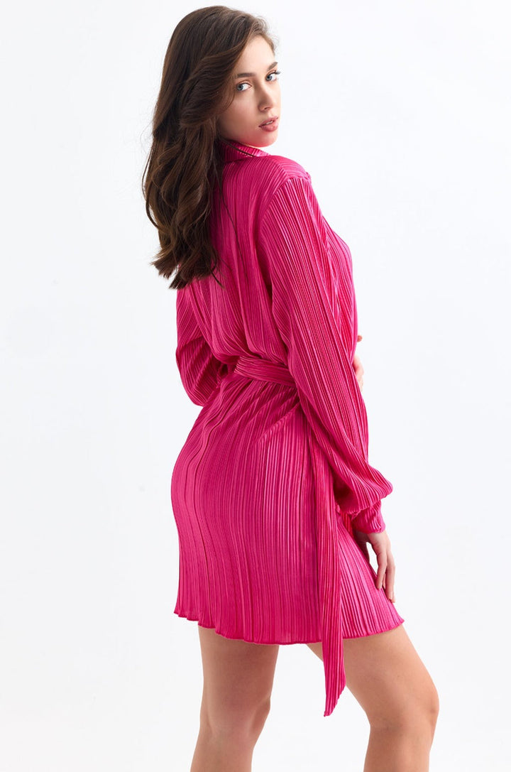 Long Sleeve Pleated Shirt Mini Dress in Fuchsia - jqwholesale.com