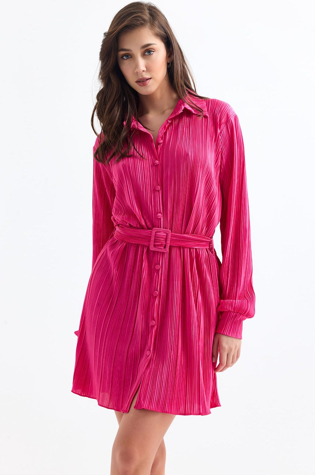 Long Sleeve Pleated Shirt Mini Dress in Fuchsia - jqwholesale.com