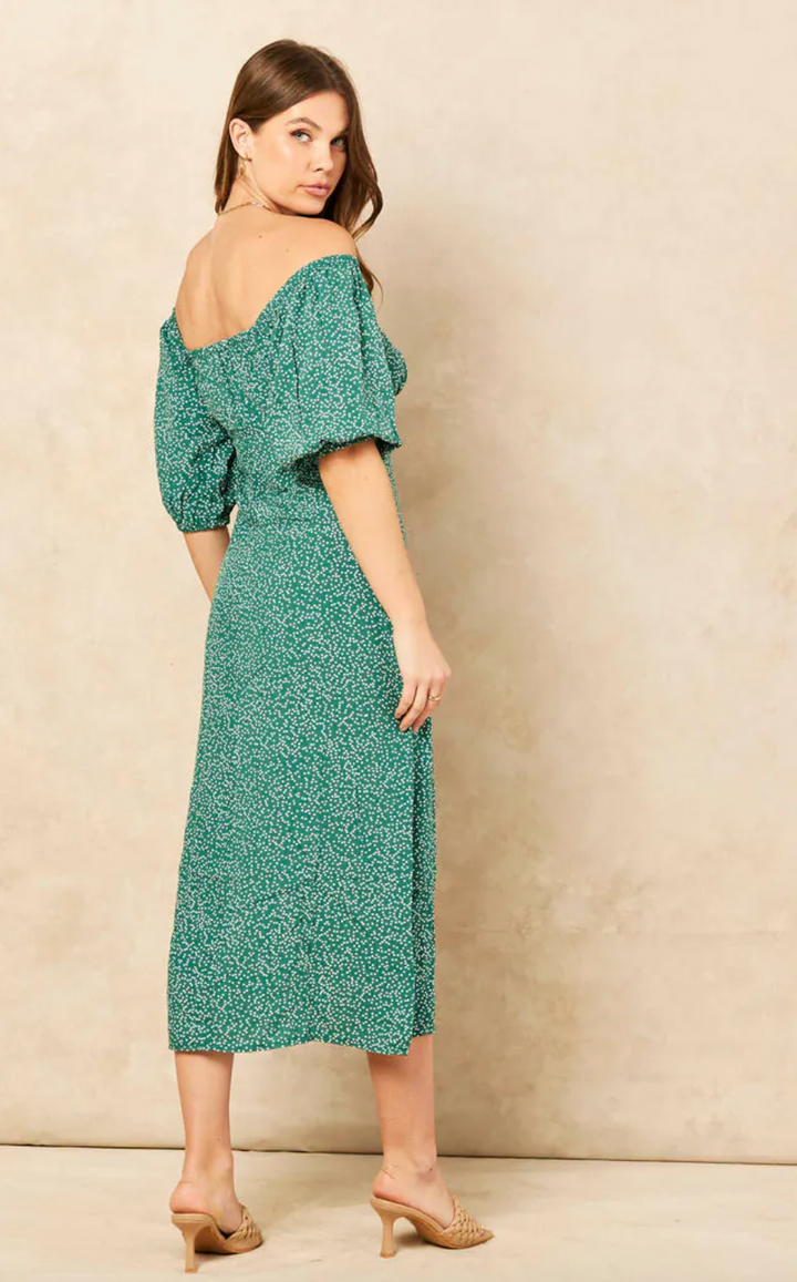 Bardot Midi Dress with slit in Green Polka Dot print - jqwholesale.com