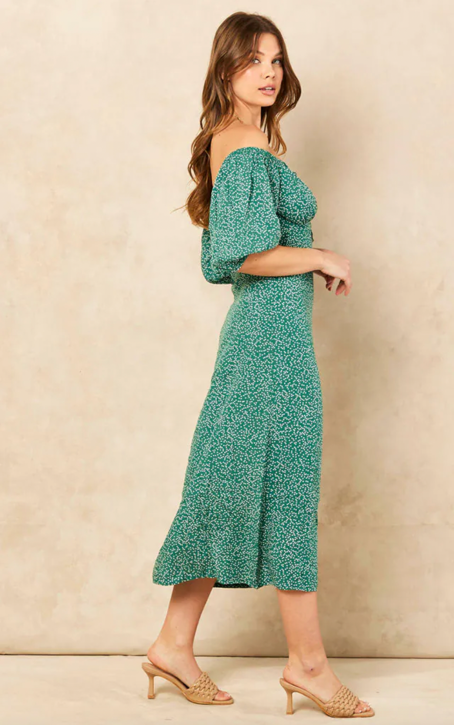 Bardot Midi Dress with slit in Green Polka Dot print - jqwholesale.com