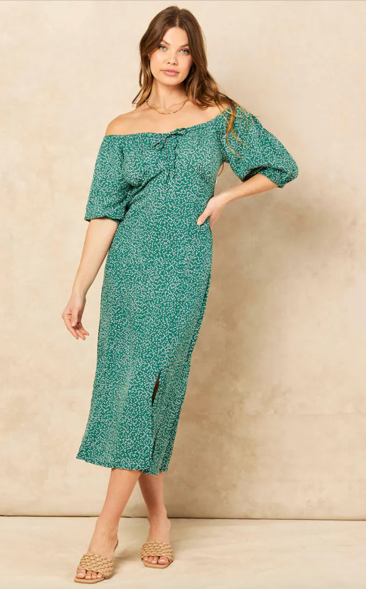 Bardot Midi Dress with slit in Green Polka Dot print - jqwholesale.com