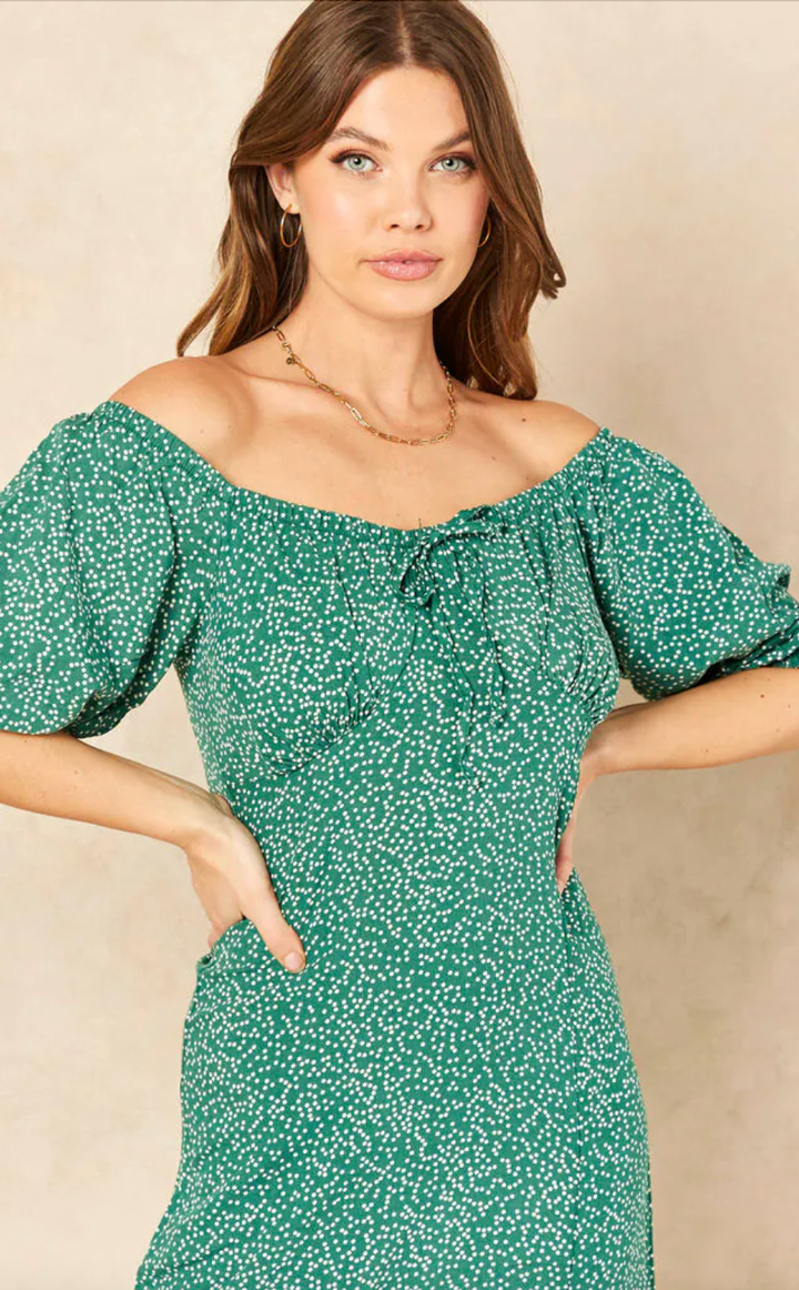 Bardot Midi Dress with slit in Green Polka Dot print - jqwholesale.com