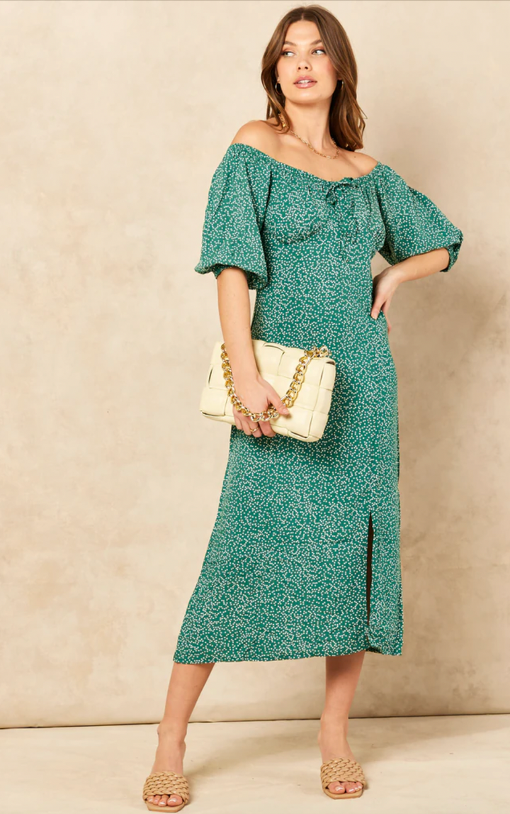 Bardot Midi Dress with slit in Green Polka Dot print - jqwholesale.com