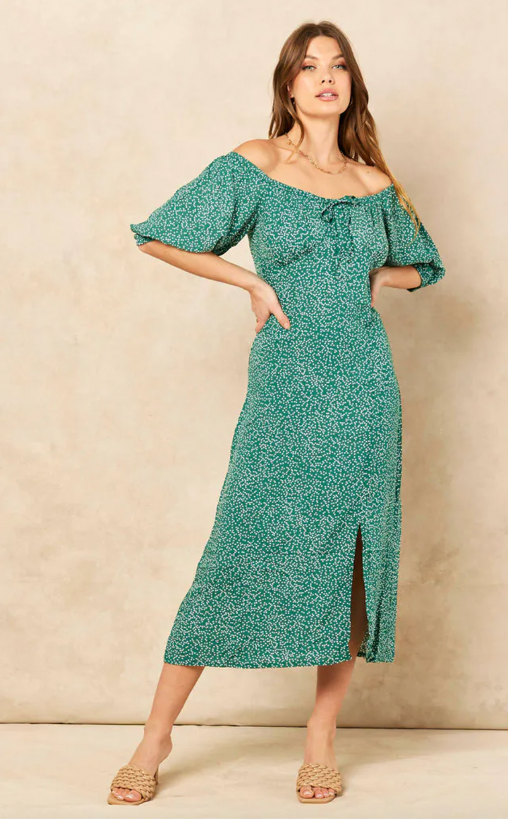 Bardot Midi Dress with slit in Green Polka Dot print - jqwholesale.com