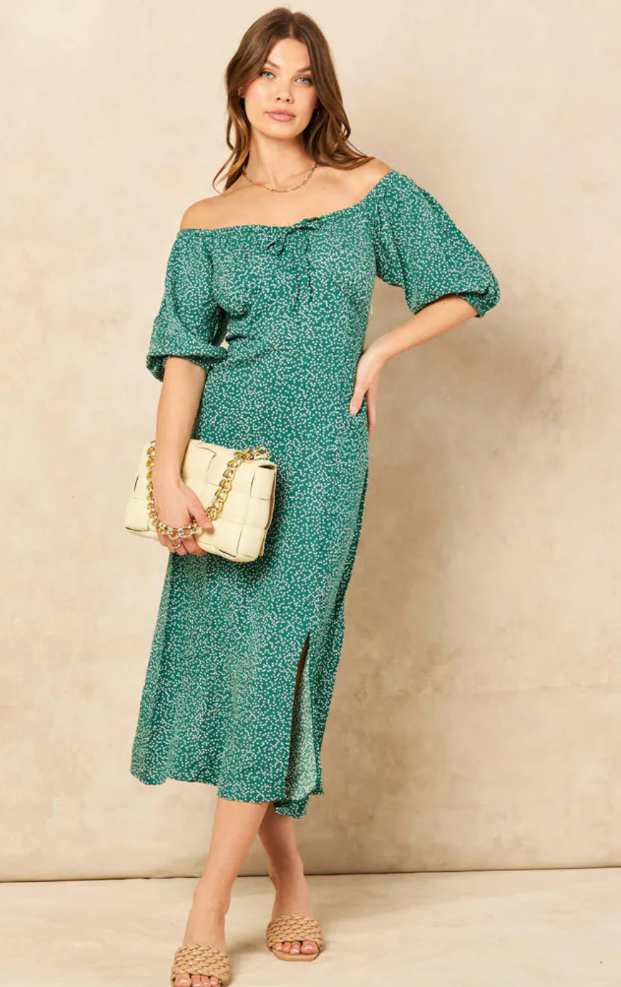 Bardot Midi Dress with slit in Green Polka Dot print - jqwholesale.com