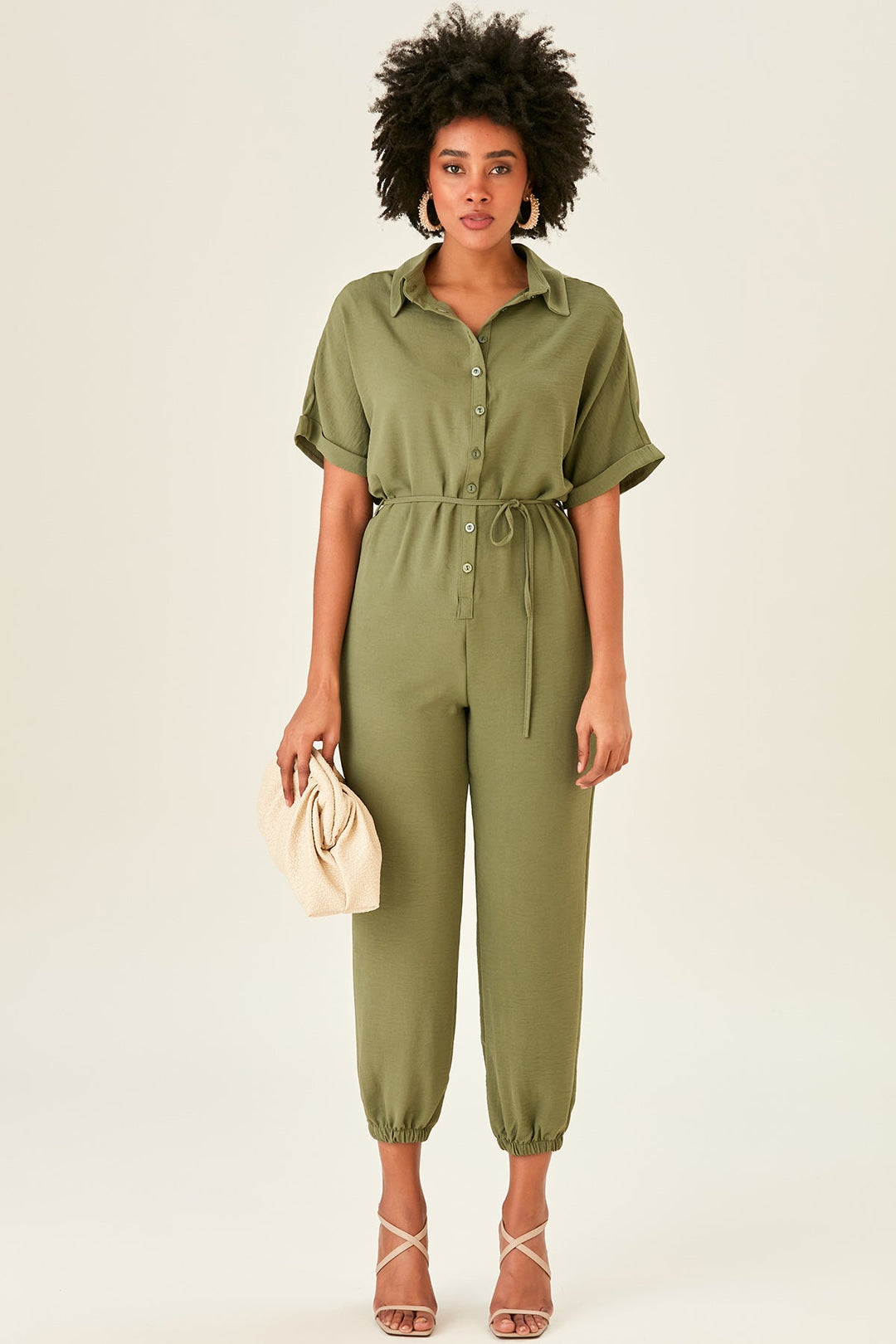 Shirt Jumpsuit in Khaki (PRE-ORDER) - jqwholesale.com