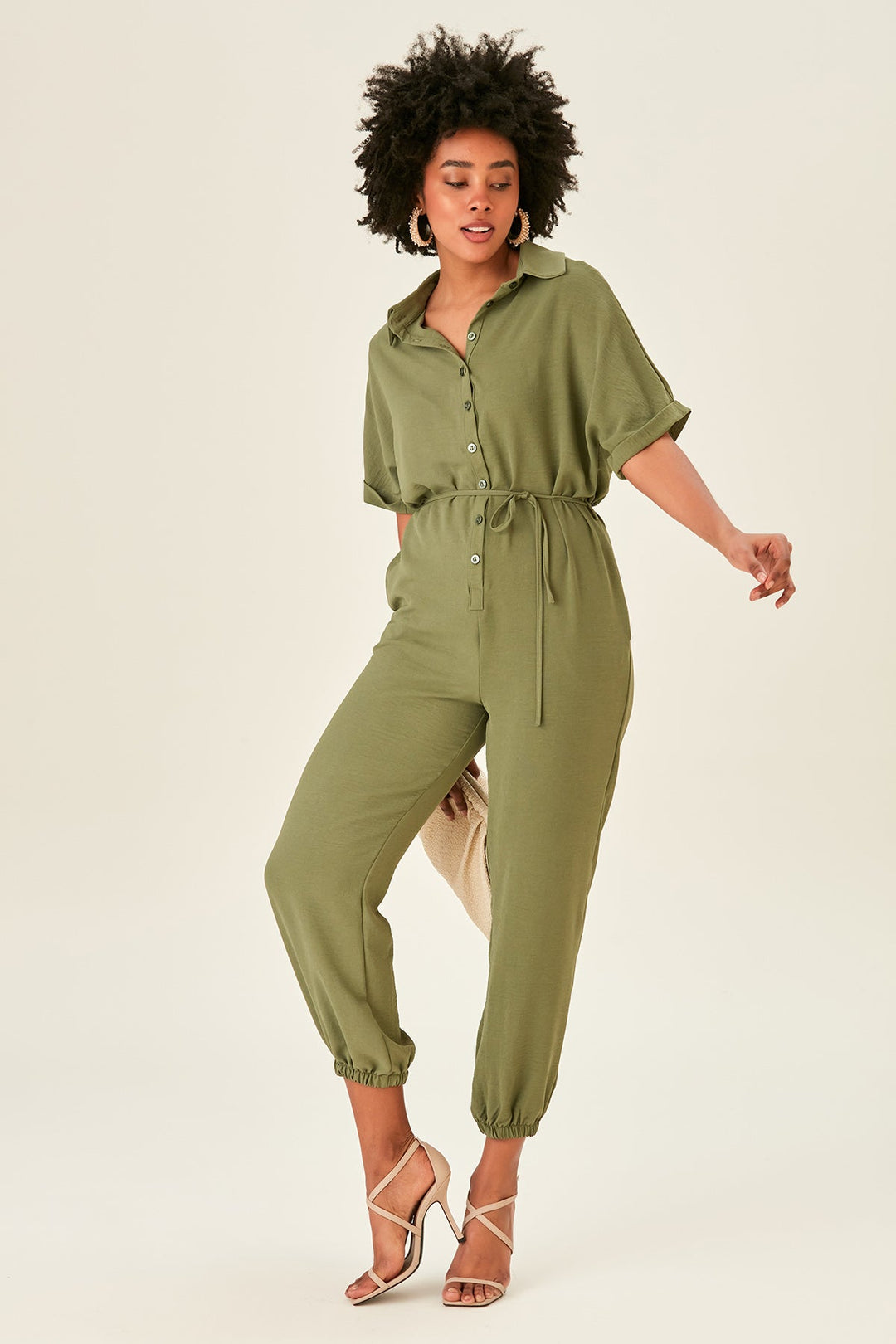 Shirt Jumpsuit in Khaki (PRE-ORDER) - jqwholesale.com