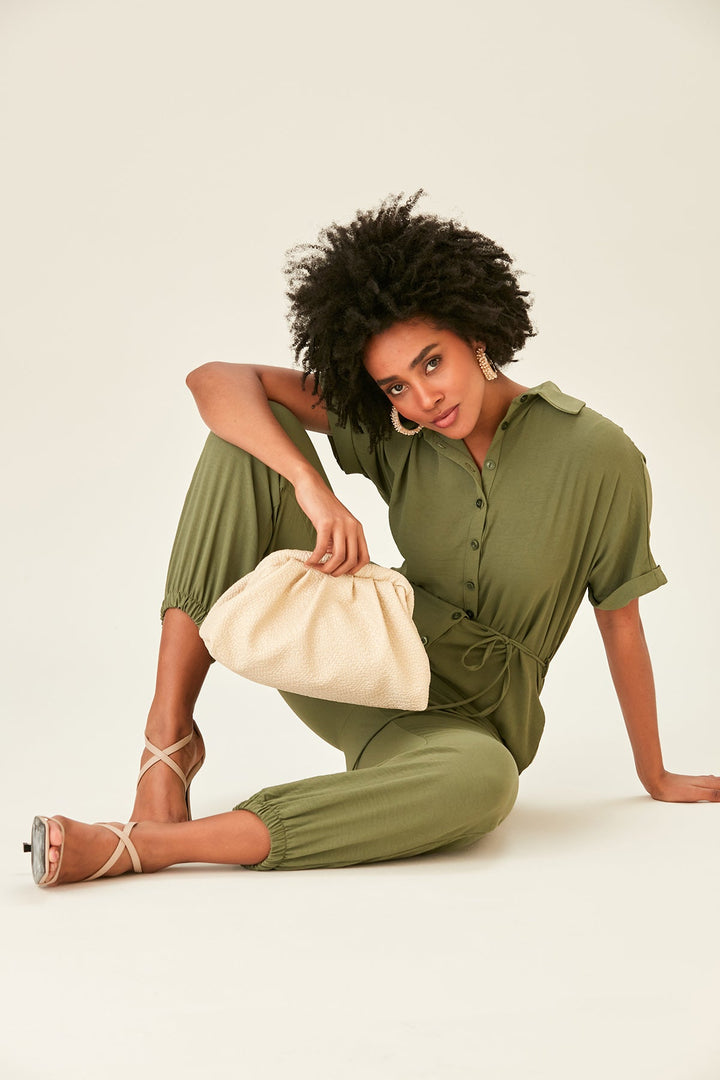 Shirt Jumpsuit in Khaki (PRE-ORDER) - jqwholesale.com