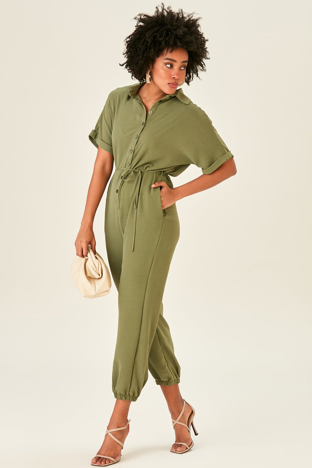 Shirt Jumpsuit in Khaki (PRE-ORDER) - jqwholesale.com