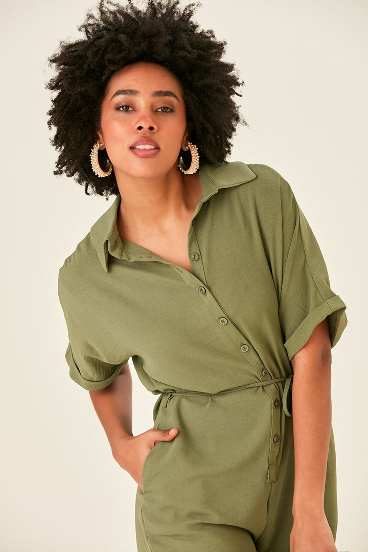 Shirt Jumpsuit in Khaki (PRE-ORDER) - jqwholesale.com