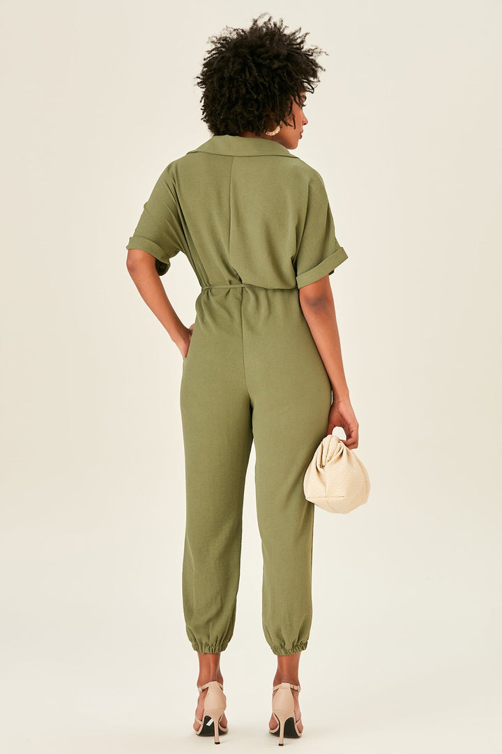 Shirt Jumpsuit in Khaki (PRE-ORDER) - jqwholesale.com