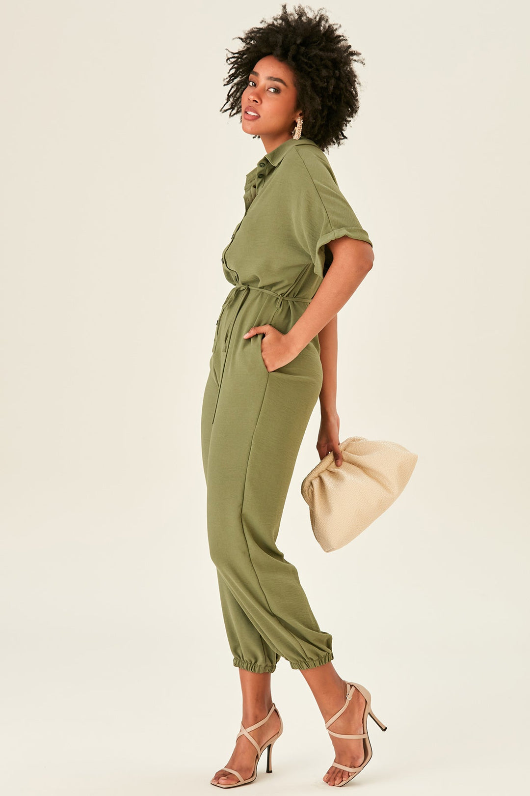 Shirt Jumpsuit in Khaki (PRE-ORDER) - jqwholesale.com