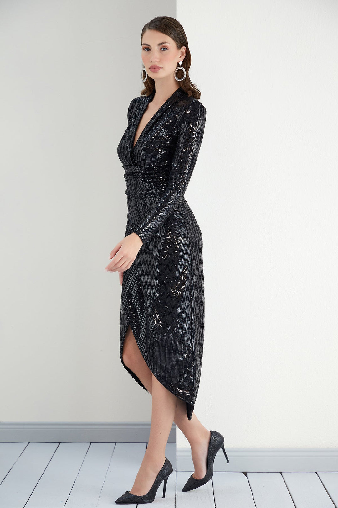 Sequin Wrap midi Dress with front slit - jqwholesale.com