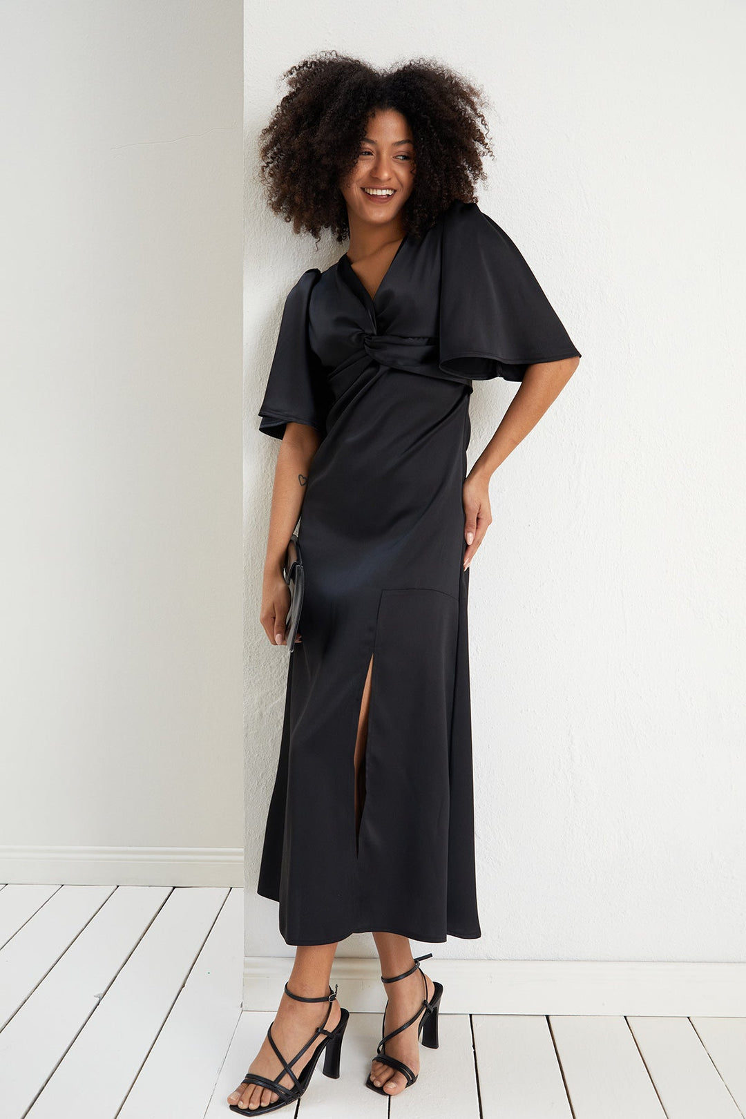 Angel Sleeve Satin Twist Maxi Dress - jqwholesale.com