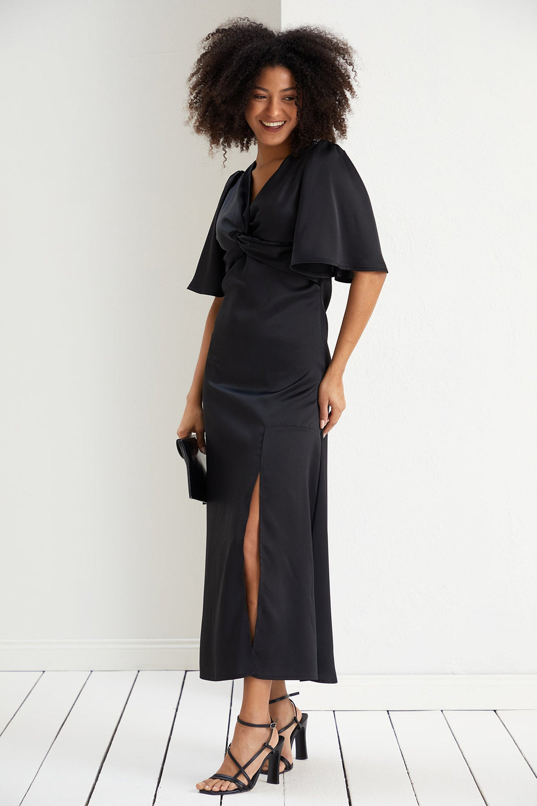 Angel Sleeve Satin Twist Maxi Dress - jqwholesale.com