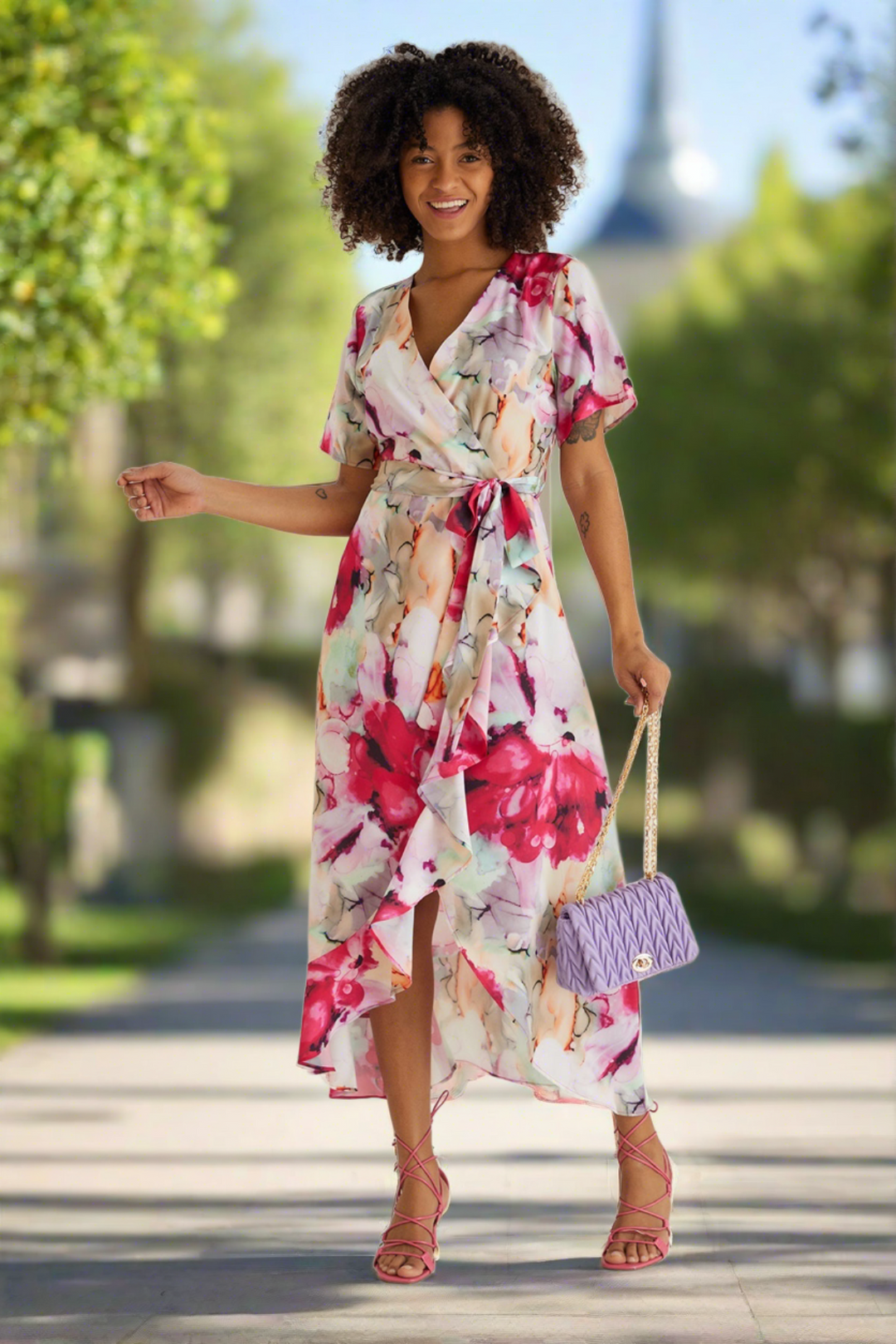 Ruffle hem Wrap Midi Dress in Pink Floral print - jqwholesale.com